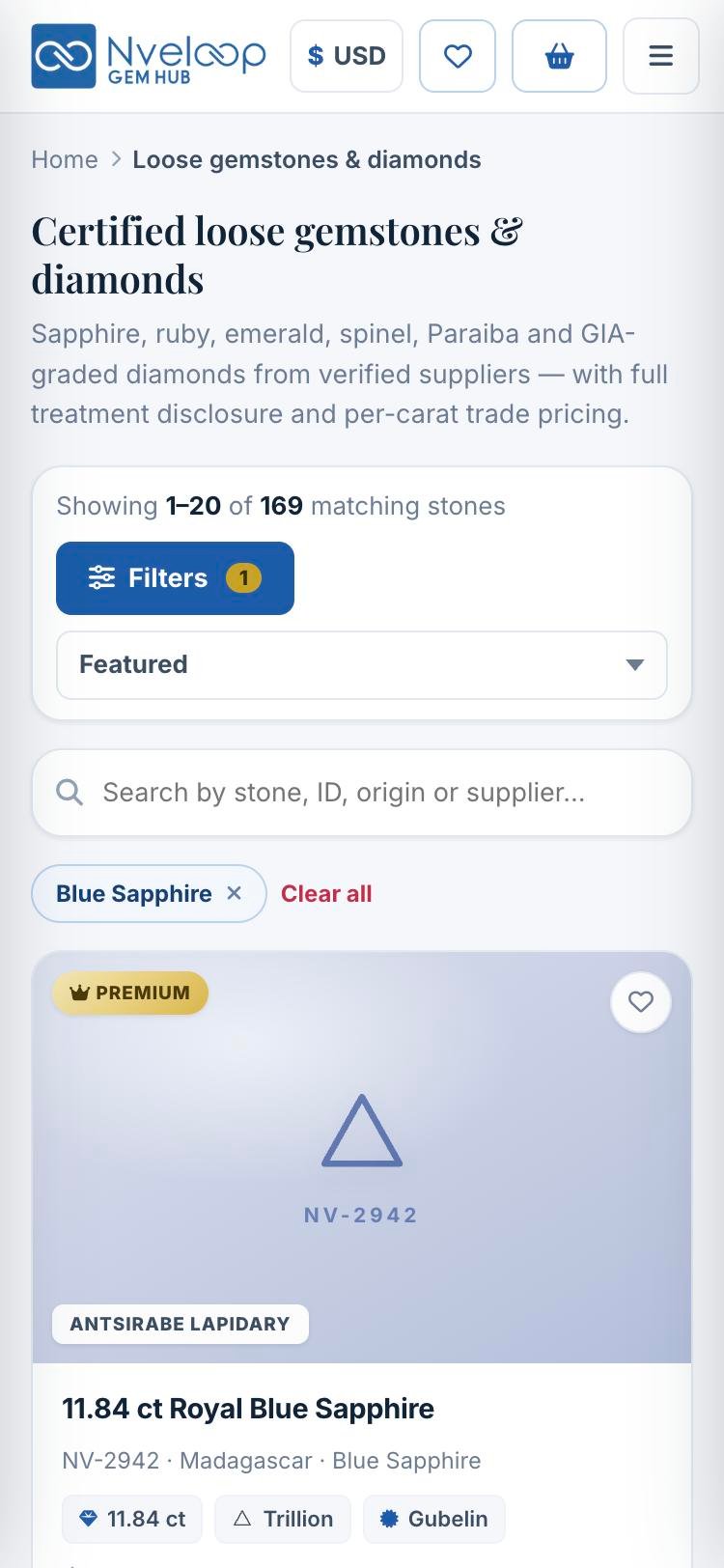 Nveloop GemHub on a phone showing blue sapphires filtered from the catalog