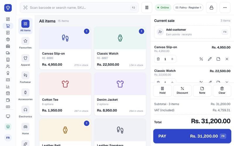 Nveloop POS register with product tiles, VAT totals and a PAY button in rupees